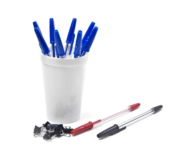 Pencil cup filled with pens — Stock Photo, Image