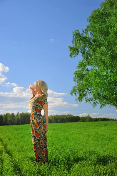 Жінка на полі трави і захід сонця — стокове фото