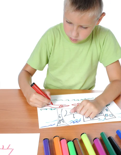 Beyaz ev ödevlerini yaparken okul çocuğu sıkılmış — Stok fotoğraf