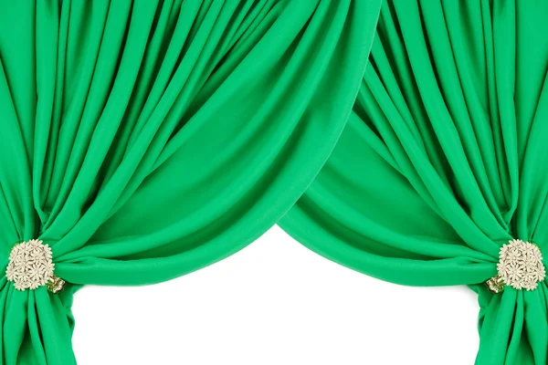 Green silk curtains with a clip — Stock Photo, Image