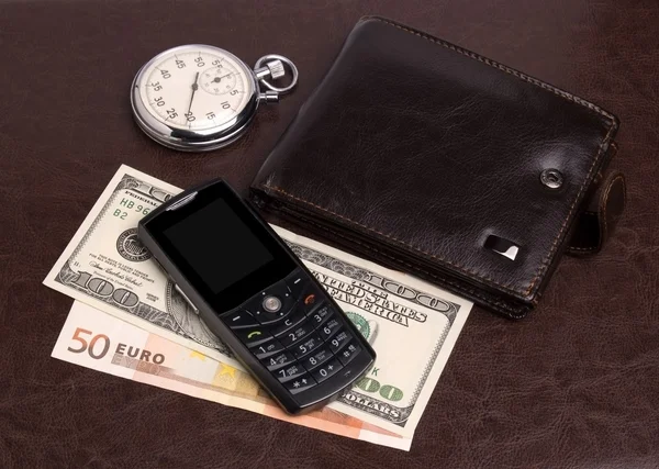 Monedero dinero horas teléfono móvil — Foto de Stock