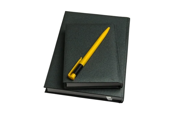Две зеленые тетради и желтая ручка — стоковое фото