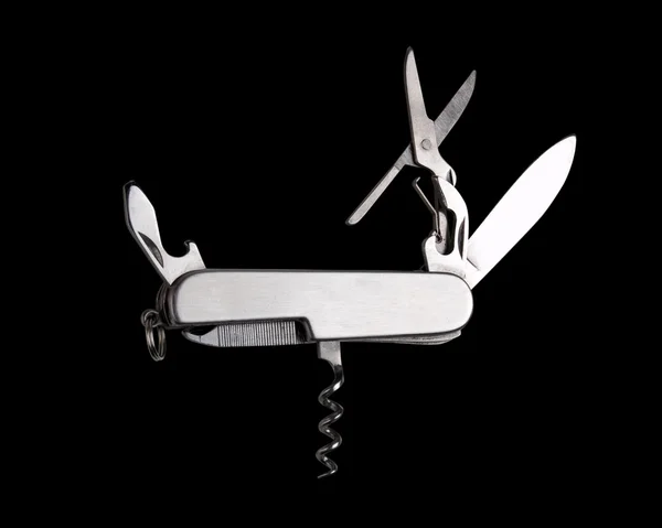 Cuchillo utilitario desplegado aislado sobre fondo negro — Foto de Stock