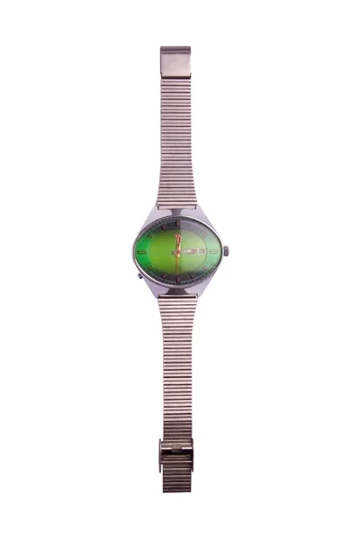 Relógio de prata usado isolado sobre um fundo branco — Fotografia de Stock