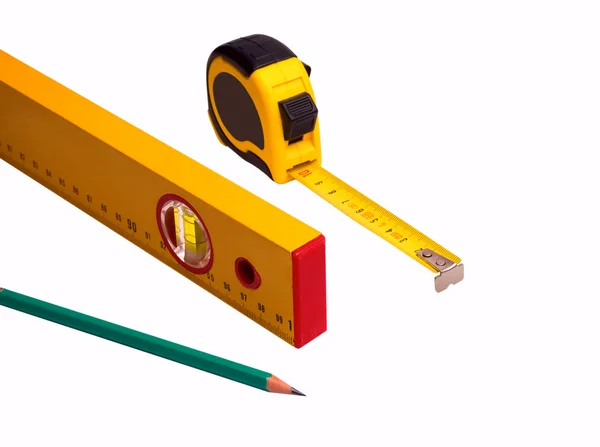 Maßband, Bleistift und Pegel — Stockfoto