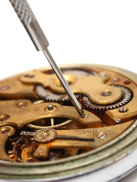 Relógio antigo reparação close-up — Fotografia de Stock