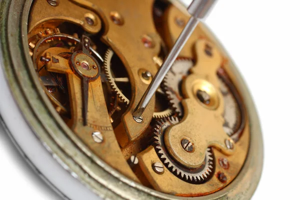 Relógio antigo reparação close-up — Fotografia de Stock