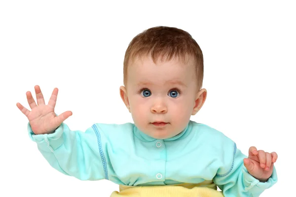 Baby with hand up - stop gesture — Stock Photo, Image