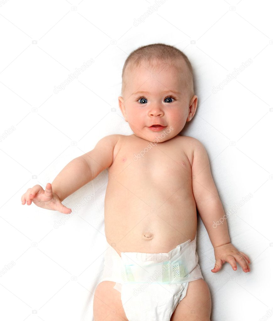 Smiling baby girl in diaper ⬇ Stock Photo, Image by © Kokhanchikov 2935730