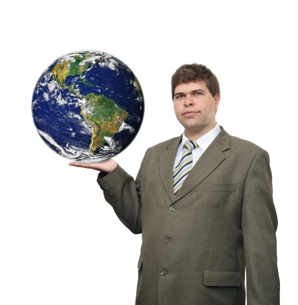 Empresário segurando planeta terra na palma da mão — Fotografia de Stock