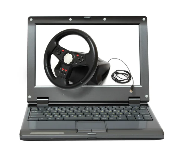 Laptop com simulador de carro de jogos — Fotografia de Stock