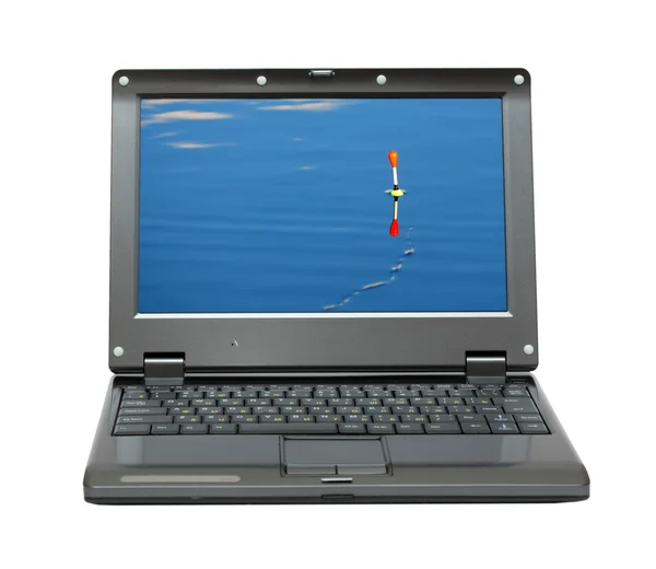 以钓鱼为主题的小型笔记本电脑 — 图库照片