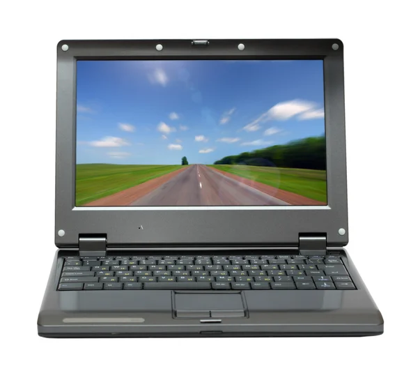 Laptop com estrada infinita — Fotografia de Stock