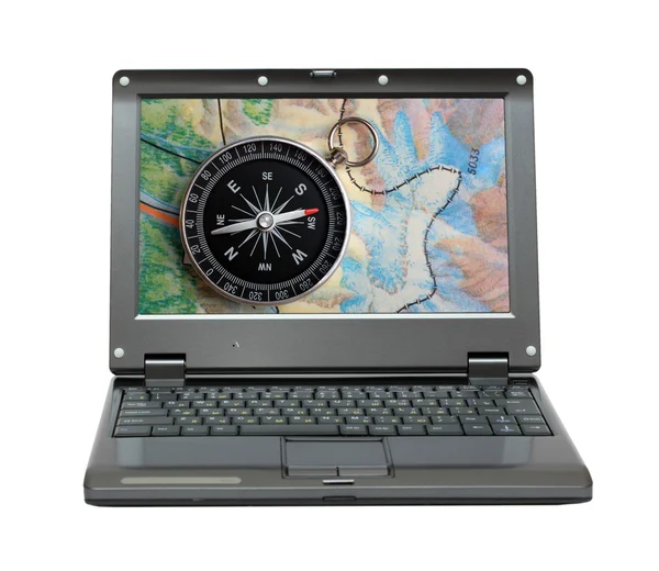 Laptop com bússola e mapa — Fotografia de Stock