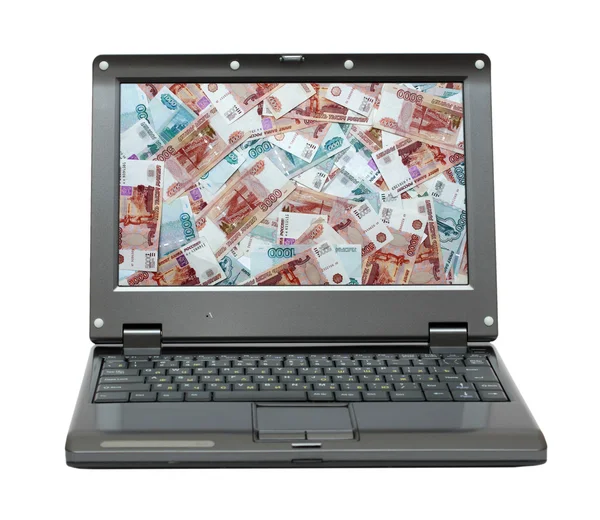 Laptop with russian money - rubles — Stock Photo, Image