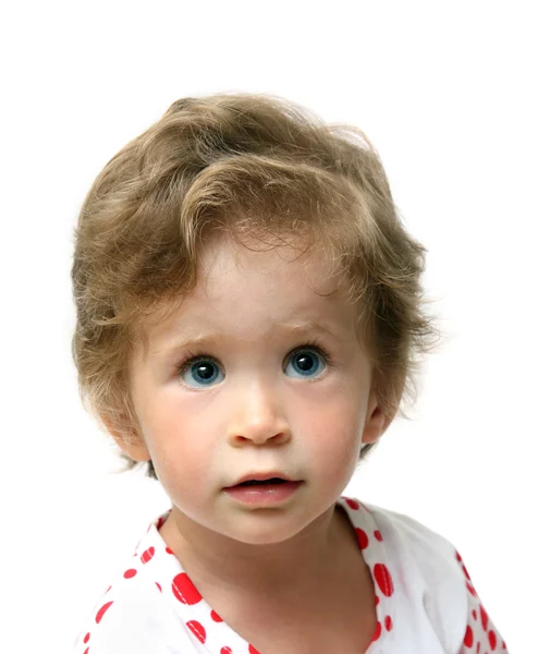 Toccando il bambino guardando il ritratto isolato sul bianco — Foto Stock
