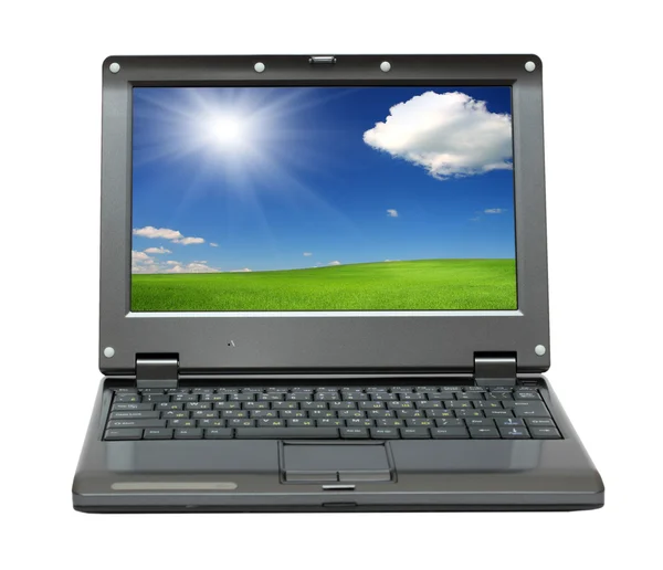Kis laptop búzamező ég alatt a nap — Stock Fotó