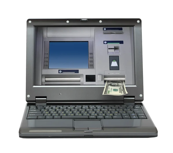 Ordenador portátil con dispensación de efectivo en la pantalla —  Fotos de Stock