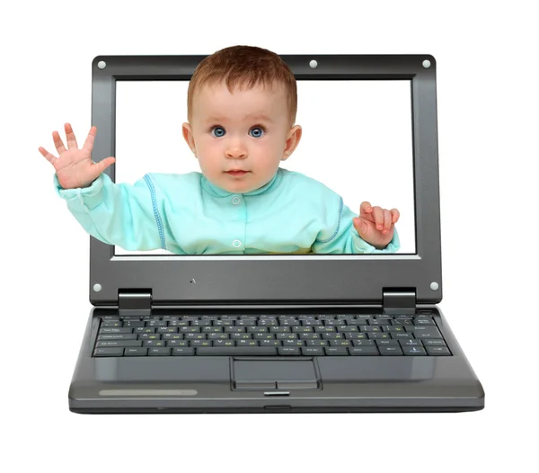 Lille bærbar computer med baby - Stock-foto