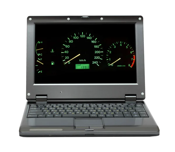 Laptop com painel de controle do carro — Fotografia de Stock