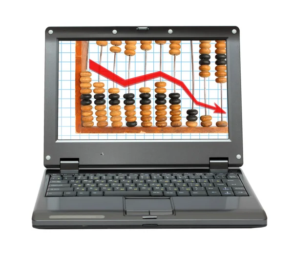 Laptop com diagrama de diminuição e ábaco — Fotografia de Stock