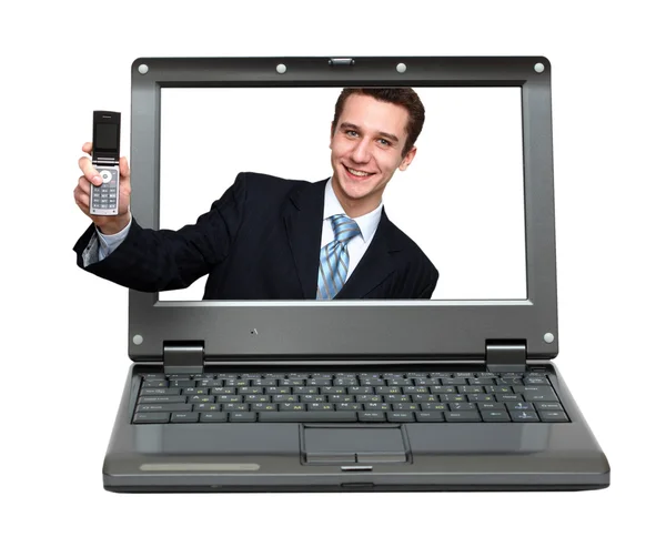 Laptop with businessman giving your phone — Stock Photo, Image