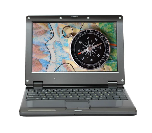 Mały laptop z kompas i mapę — Zdjęcie stockowe