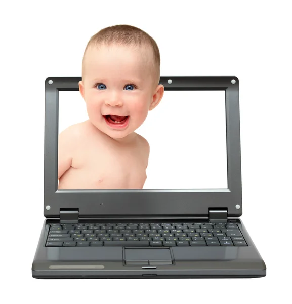 Laptop with laughing baby — Stock Photo, Image
