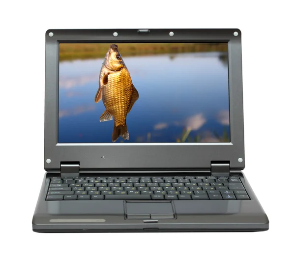 Pequeno laptop com temas de pesca — Fotografia de Stock