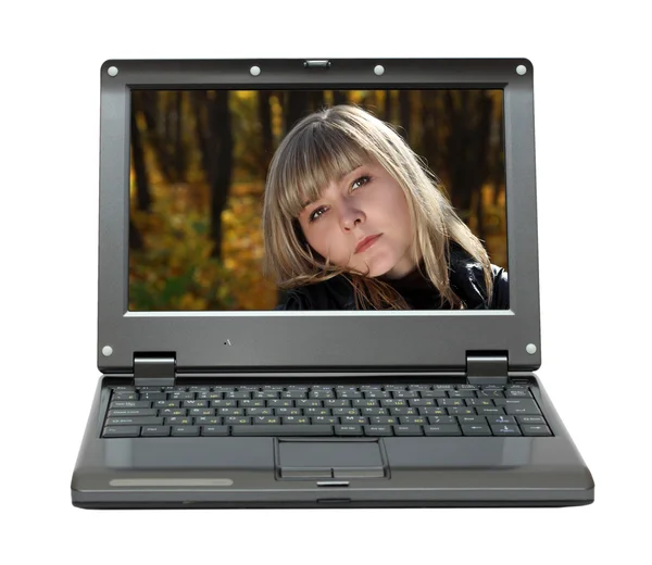 Laptop com retrato de menina de beleza — Fotografia de Stock