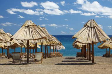 Summer beach with chairs and umbrellas clipart