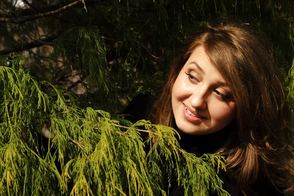 Girl behind the tree — Stock Photo, Image