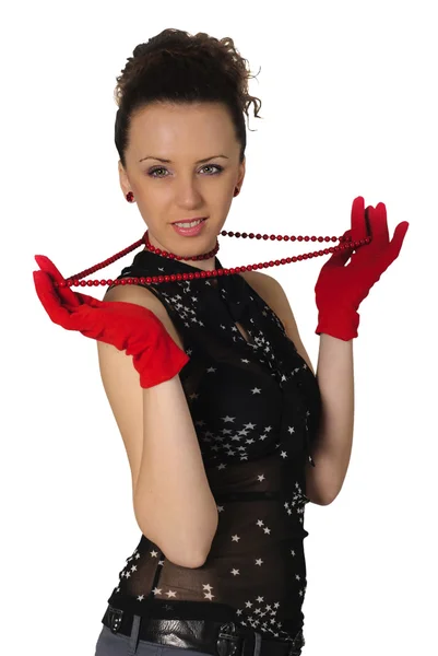 Donna in perline e guanti rossi — Foto Stock