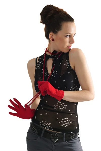 Kobieta w czerwone koraliki i rękawice — Zdjęcie stockowe