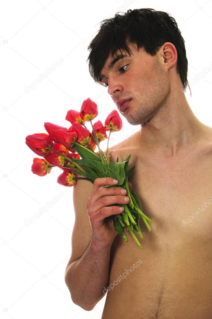 Man with red tulips