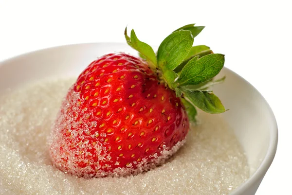 Strawberry in bowl with sugar isolated — Stock Photo, Image