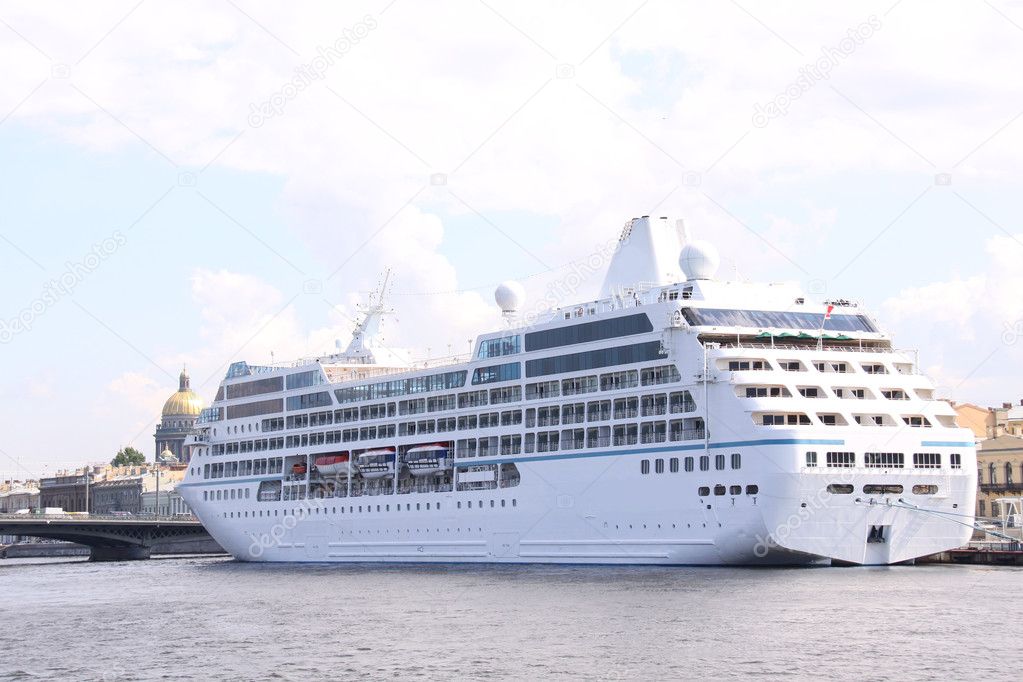 Luxury white cruise ship shot at angle a
