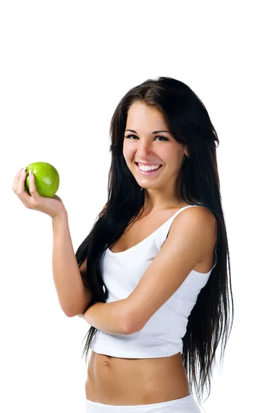 Όμορφη γυναίκα με πράσινο μήλο — Φωτογραφία Αρχείου