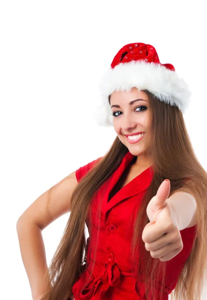 매력적인 젊은 여자 산타 클로스 모자에 앉아 — 스톡 사진