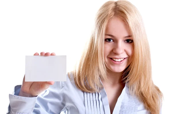 Ung forretningskvinde med visitkort - Stock-foto