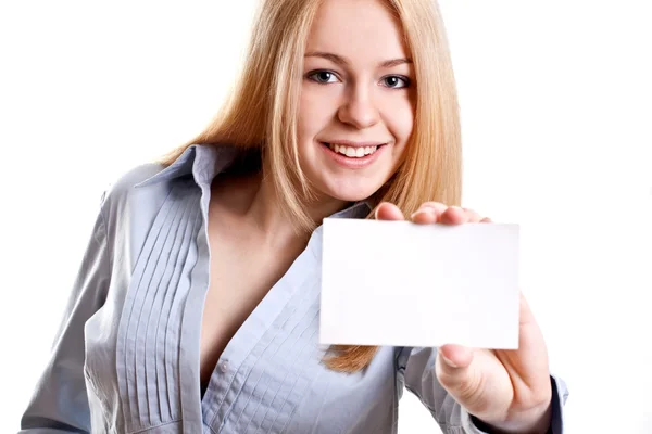 Wanita bisnis muda dengan kartu nama — Stok Foto