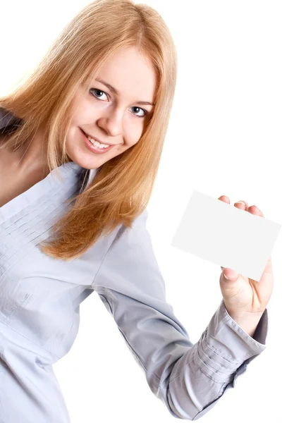 Junge Geschäftsfrau mit Visitenkarte — Stockfoto