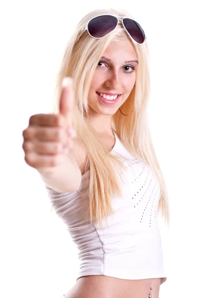 Woman in a white shirt giving thumbs-up — Stock Photo, Image