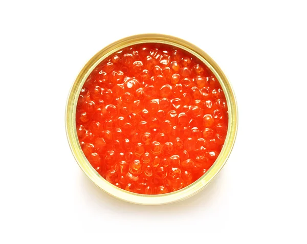Caviar vermelho no recipiente de metal aberto — Fotografia de Stock