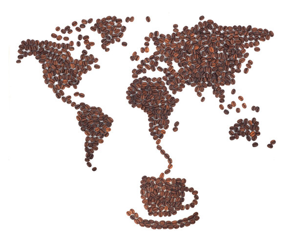 Coffee map made of beans on white background
