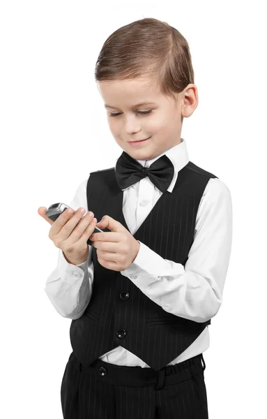 男孩抱着一部手机 — 图库照片