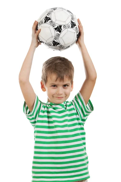 Menino segurando bola de futebol — Fotografia de Stock