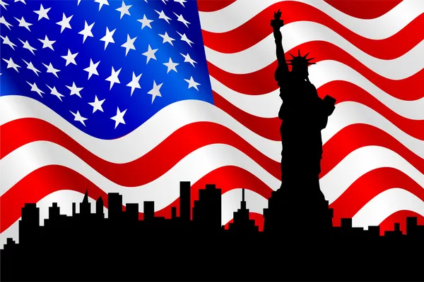Bandera Americana y Estatua de la Libertad . — Vector de stock