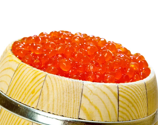 stock image Keg of red caviar on the white