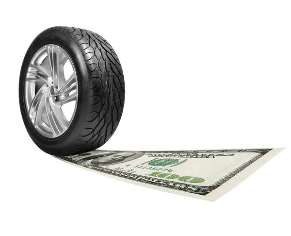 Wheel with steel rim. money, 100 american dollars — Stock Photo, Image
